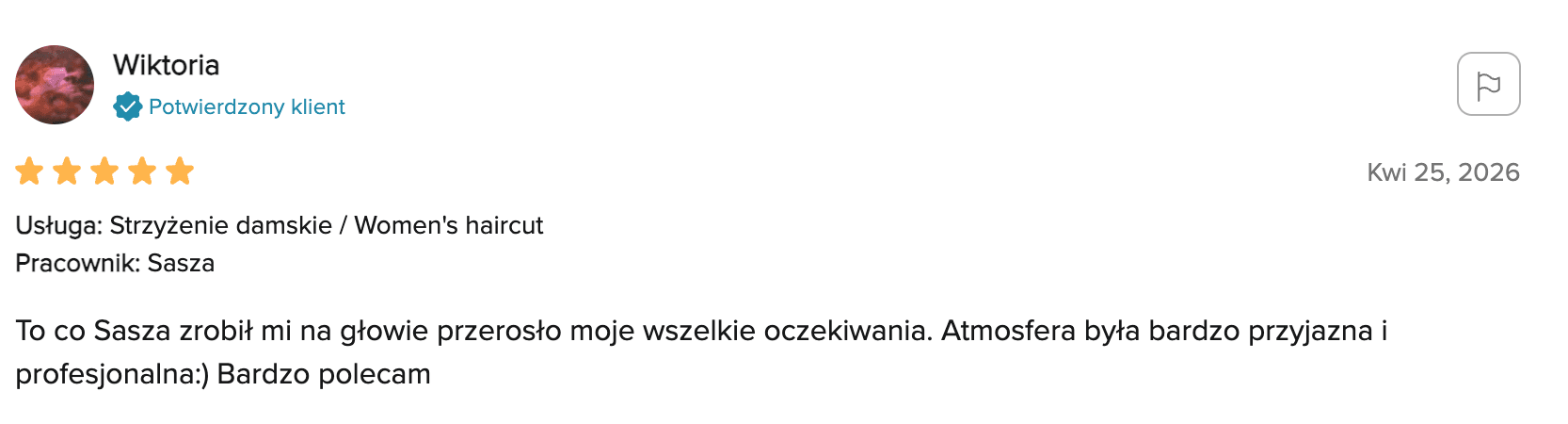 Opinia klienta z Booksy — 5 gwiazdek, zrzut ekranu 3